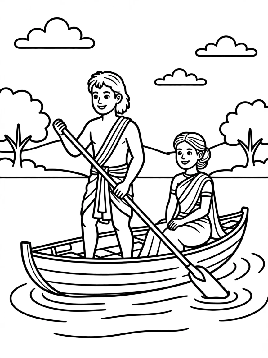 The story of Rama and Sita crossing the river, illustrated with simple outlines and friendly characters for a children's coloring page.