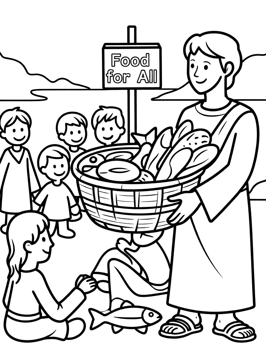 Jesus feeding the 5000 with fish and loaves, illustrated with simple outlines and friendly characters for a children's coloring page.