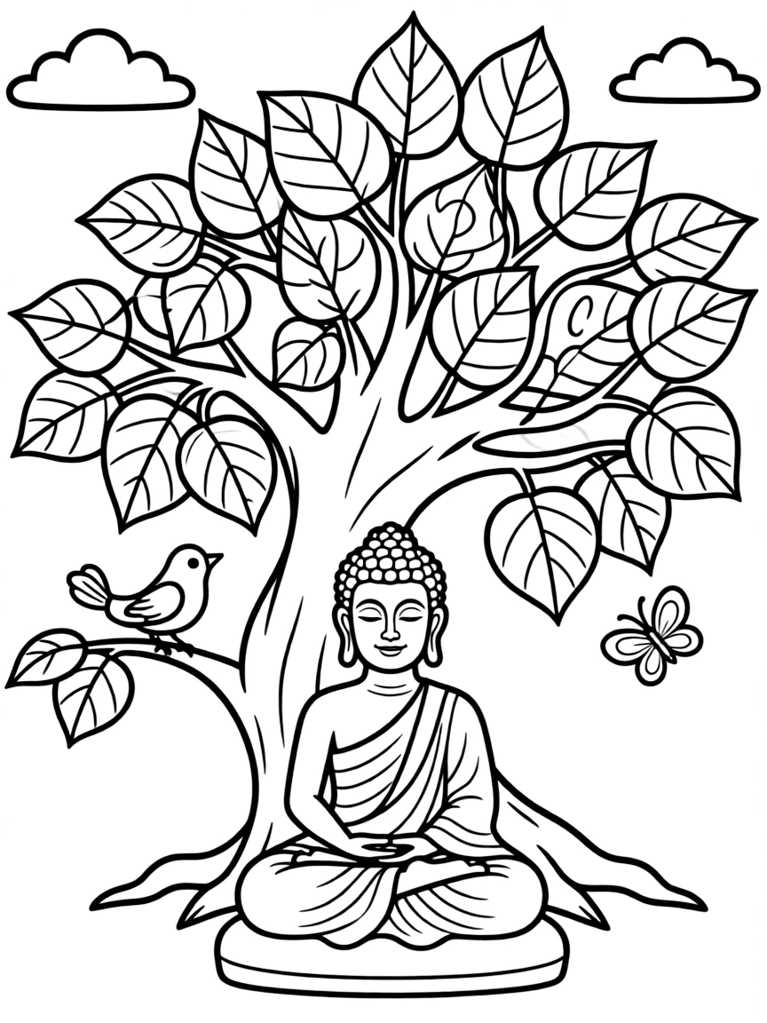 The Buddha meditating under the Bodhi tree, illustrated with simple outlines and friendly characters for a children's coloring page.
