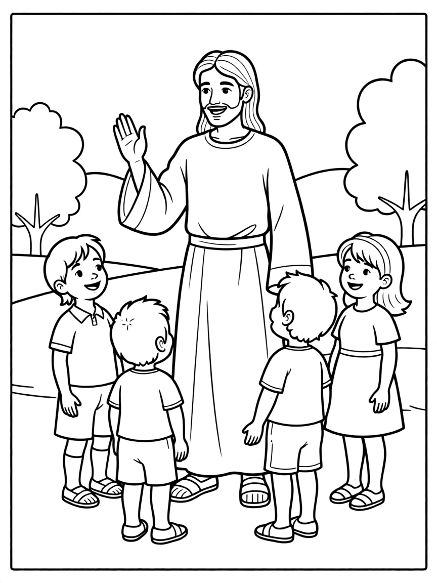 Jesus blessing the children, illustrated with simple outlines and friendly characters for a children's coloring page.
