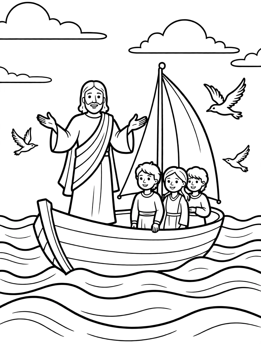 Jesus calming the storm at sea, illustrated with simple outlines and friendly characters for a children's coloring page.