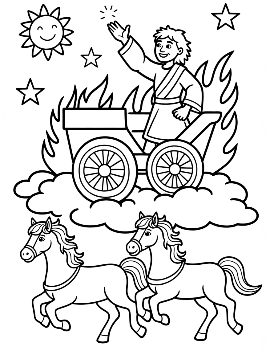 Elijah’s chariot of fire going to heaven, illustrated with simple outlines and friendly characters for a children's coloring page.
