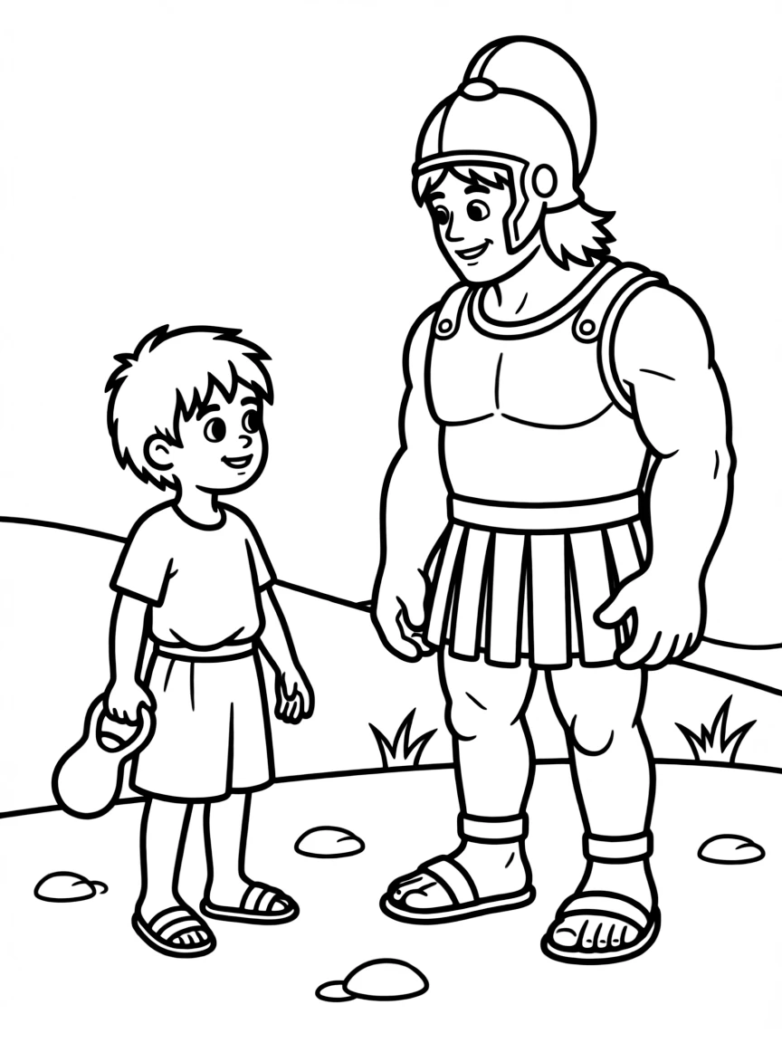 David and Goliath battle scene, illustrated with simple outlines and friendly characters for a children's coloring page.