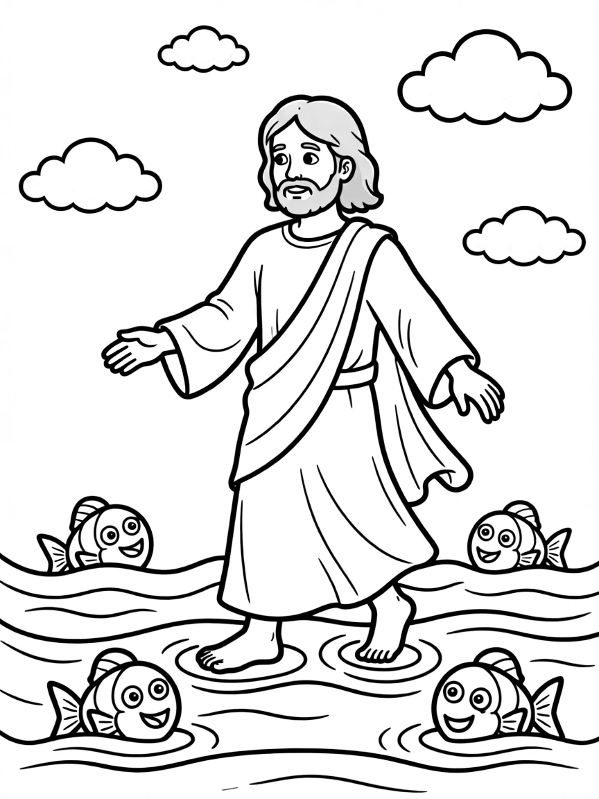 Jesus walking on water, illustrated with simple outlines and friendly characters for a children's coloring page.