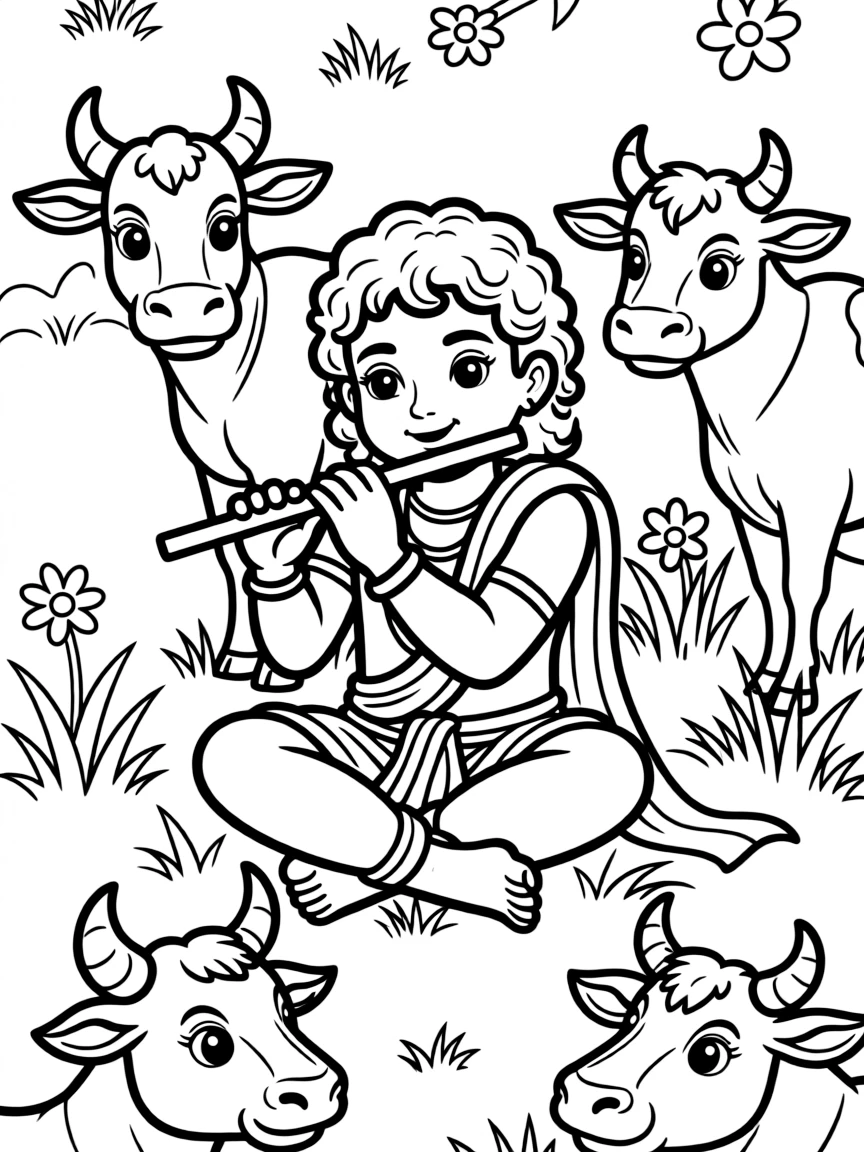 Krishna playing the flute with cows around, illustrated with simple outlines and friendly characters for a children's coloring page.