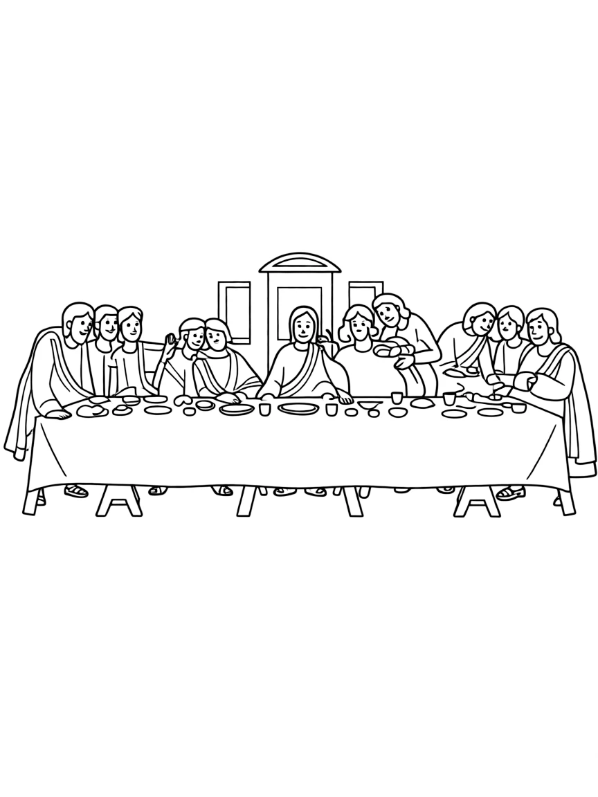 The Last Supper with Jesus and his disciples, illustrated with simple outlines and friendly characters for a children's coloring page.