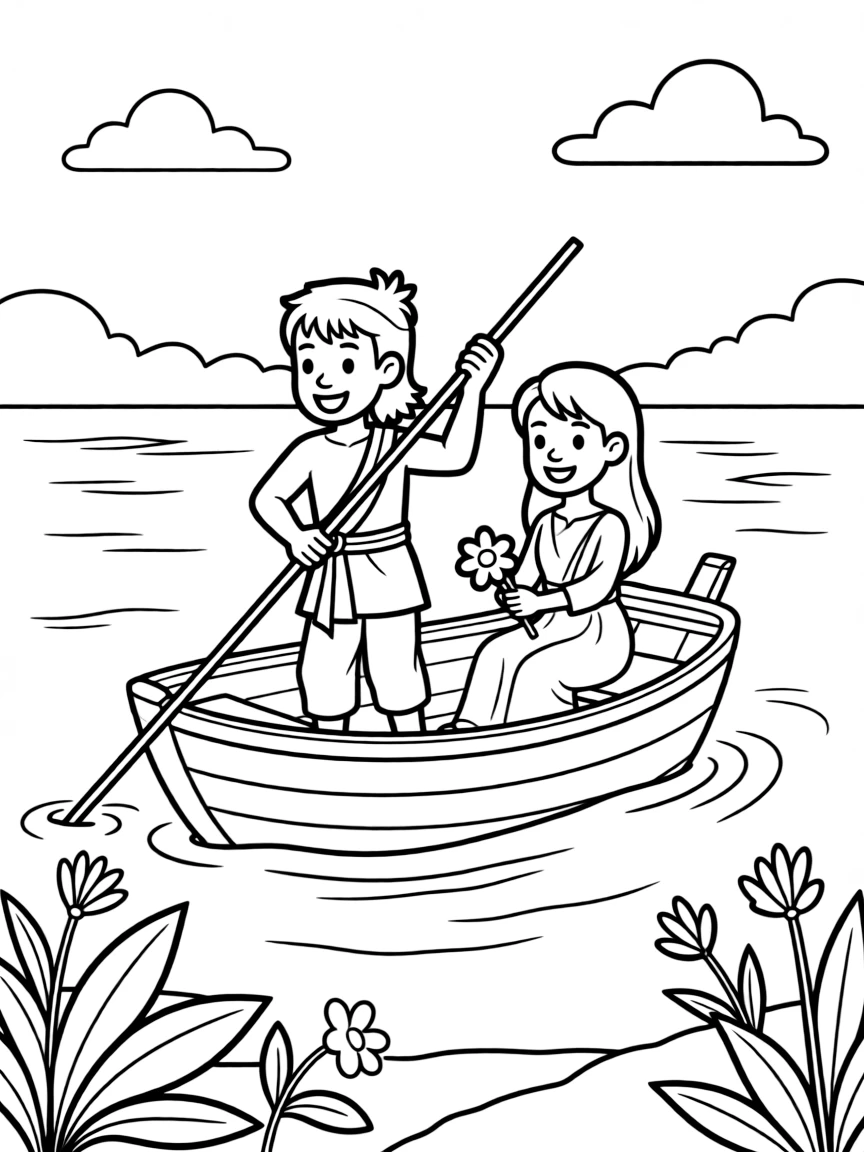 The story of Rama and Sita crossing the river, illustrated with simple outlines and friendly characters for a children's coloring page.