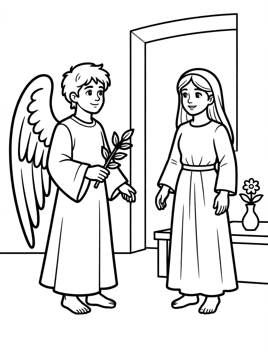 The angel Gabriel appearing to Mary, illustrated with simple outlines and friendly characters for a children's coloring page.