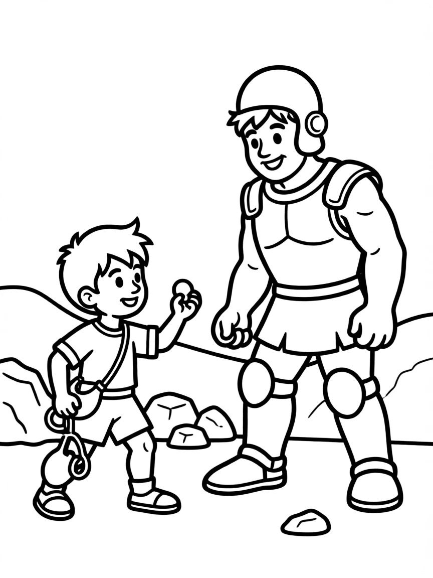 David and Goliath battle scene, illustrated with simple outlines and friendly characters for a children's coloring page.