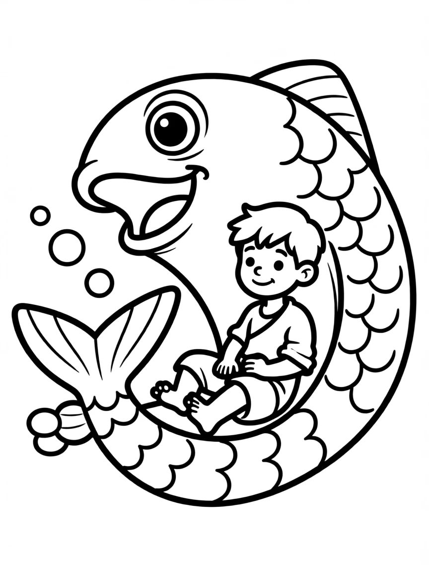 Jonah inside the big fish, illustrated with simple outlines and friendly characters for a children's coloring page.