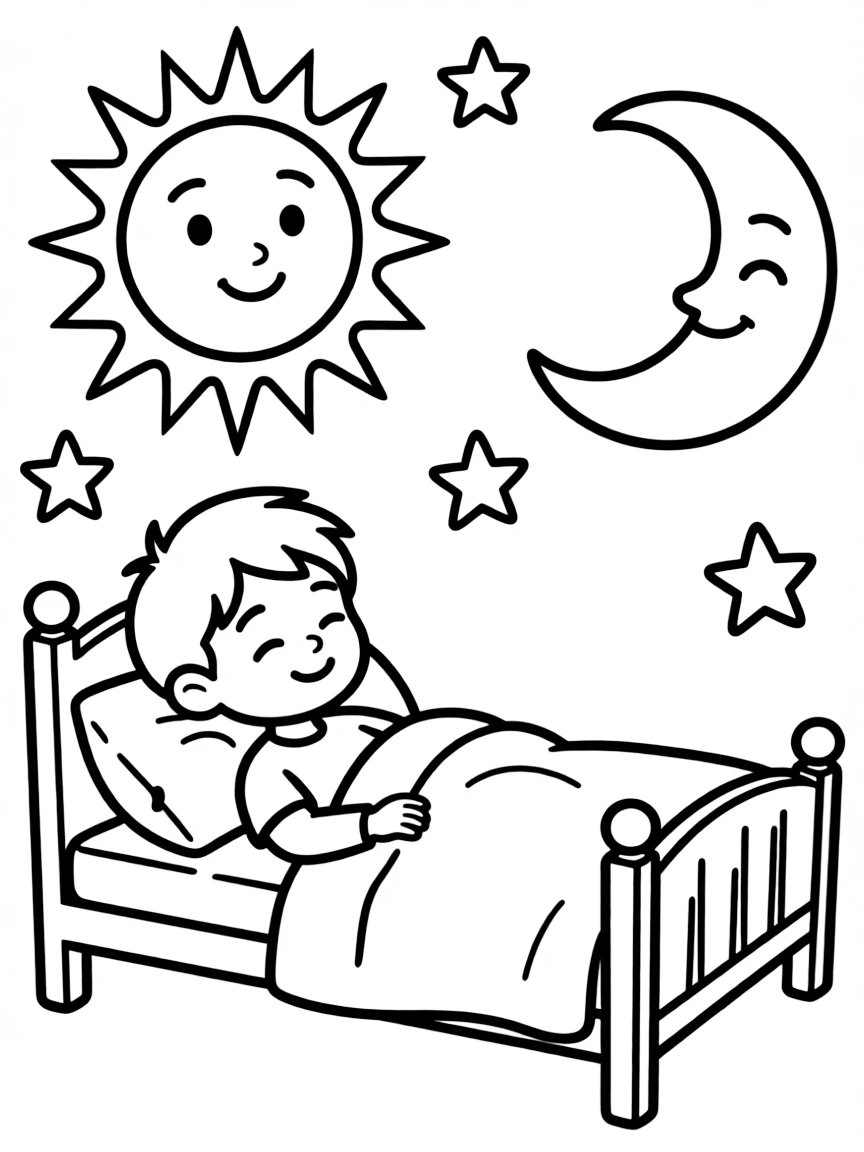 Joseph’s dream with the sun, moon, and stars, illustrated with simple outlines and friendly characters for a children's coloring page.