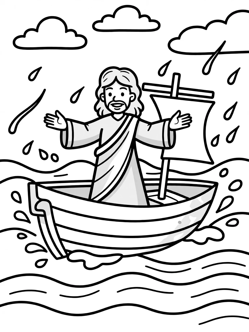 Jesus calming the storm at sea, illustrated with simple outlines and friendly characters for a children's coloring page.