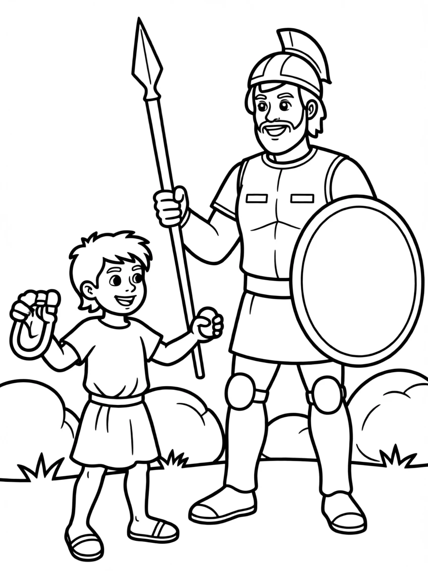 David and Goliath battle scene, illustrated with simple outlines and friendly characters for a children's coloring page.