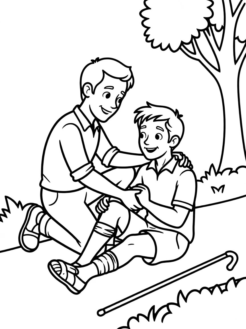The Good Samaritan helping the injured man, illustrated with simple outlines and friendly characters for a children's coloring page.