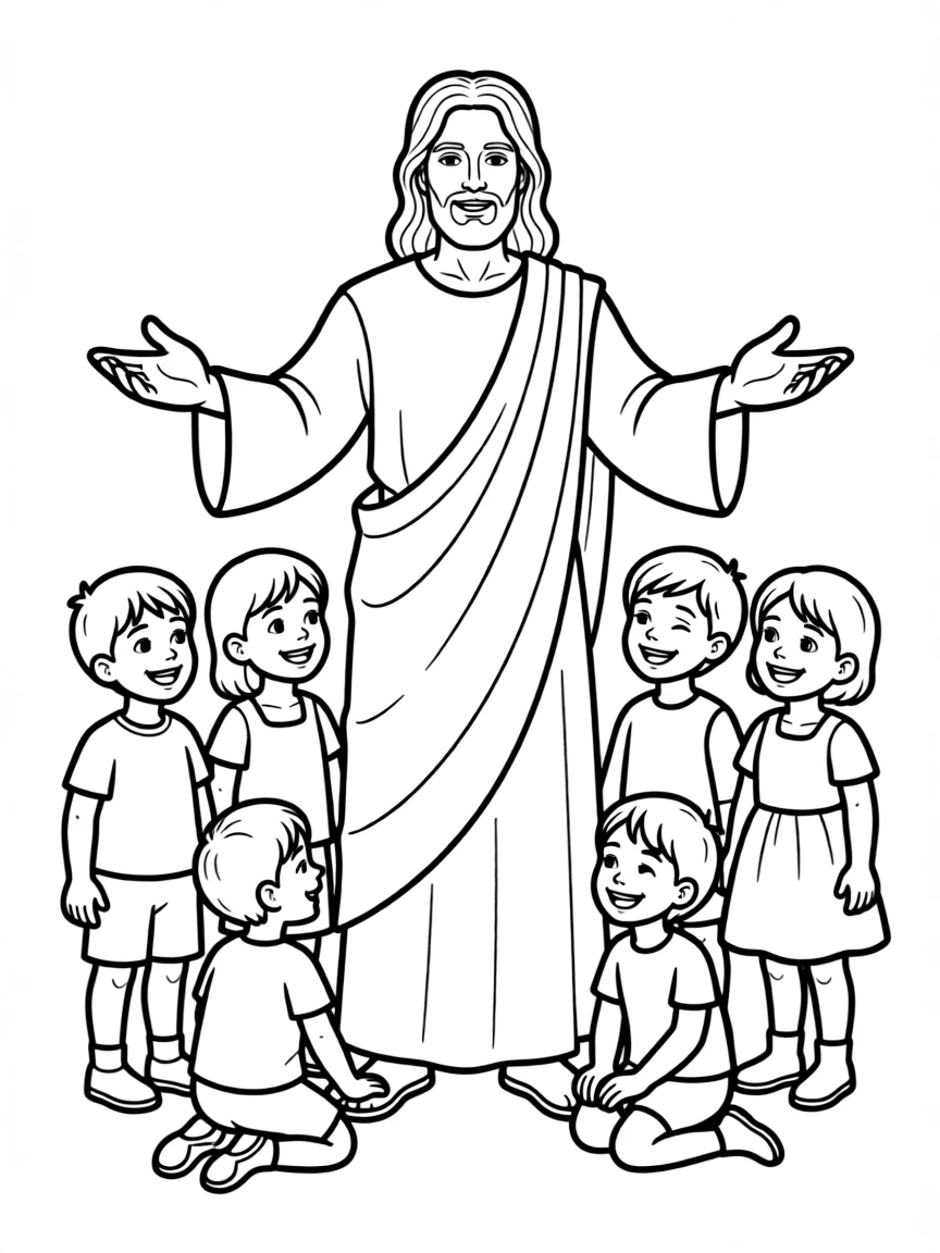 Jesus blessing the children, illustrated with simple outlines and friendly characters for a children's coloring page.