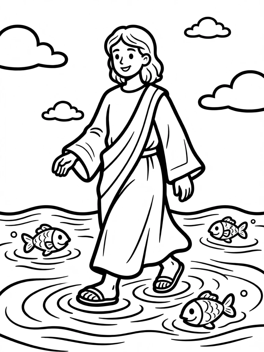 Jesus walking on water, illustrated with simple outlines and friendly characters for a children's coloring page.