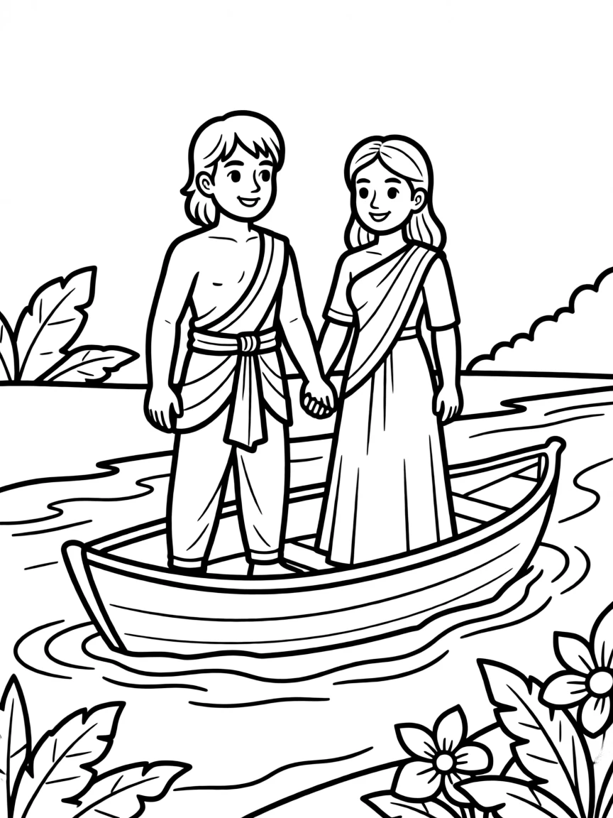 The story of Rama and Sita crossing the river, illustrated with simple outlines and friendly characters for a children's coloring page.
