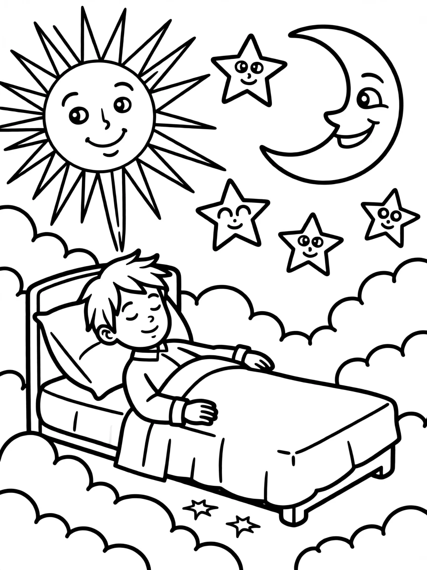 Joseph’s dream with the sun, moon, and stars, illustrated with simple outlines and friendly characters for a children's coloring page.
