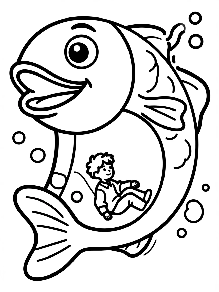 Jonah inside the big fish, illustrated with simple outlines and friendly characters for a children's coloring page.