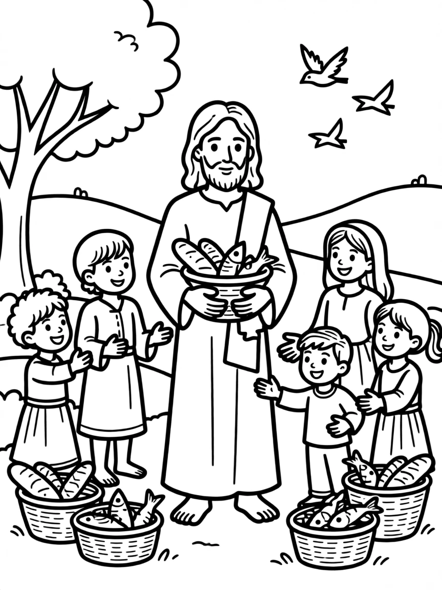 Jesus feeding the 5000 with fish and loaves, illustrated with simple outlines and friendly characters for a children's coloring page.