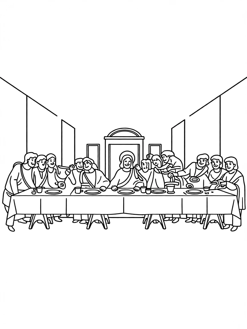 The Last Supper with Jesus and his disciples, illustrated with simple outlines and friendly characters for a children's coloring page.