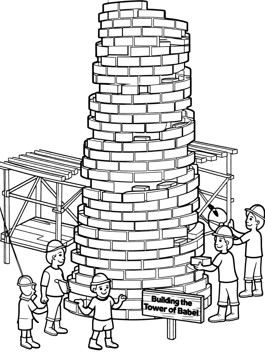 The Tower of Babel being built, illustrated with simple outlines and friendly characters for a children's coloring page.