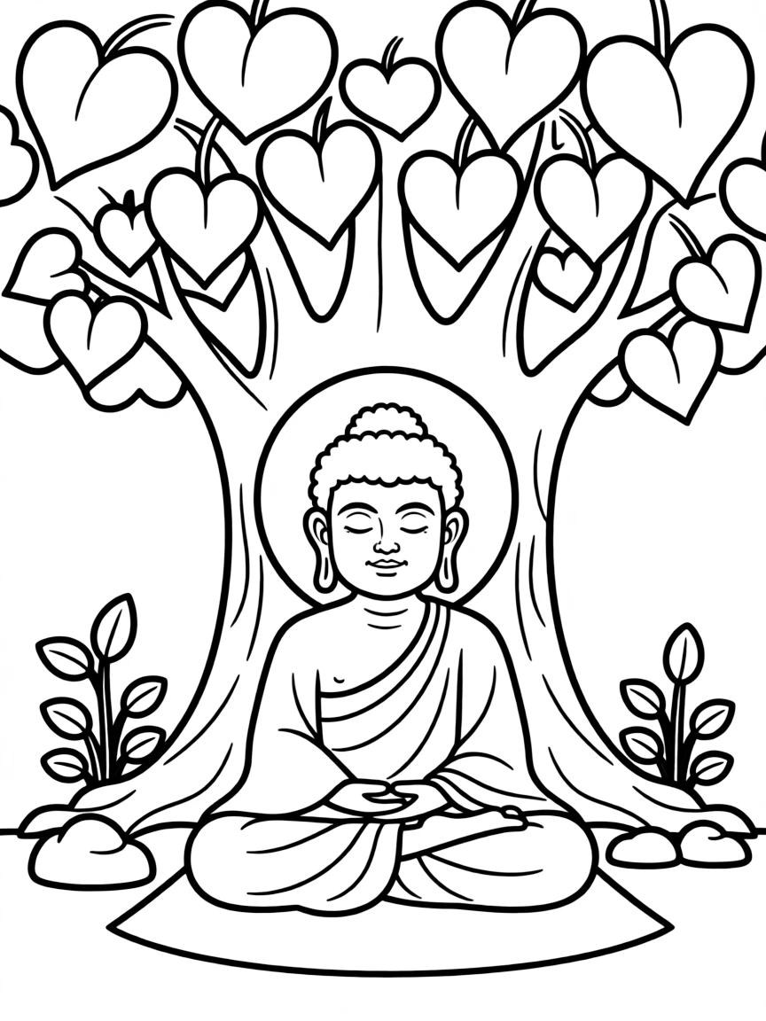 The Buddha meditating under the Bodhi tree, illustrated with simple outlines and friendly characters for a children's coloring page.