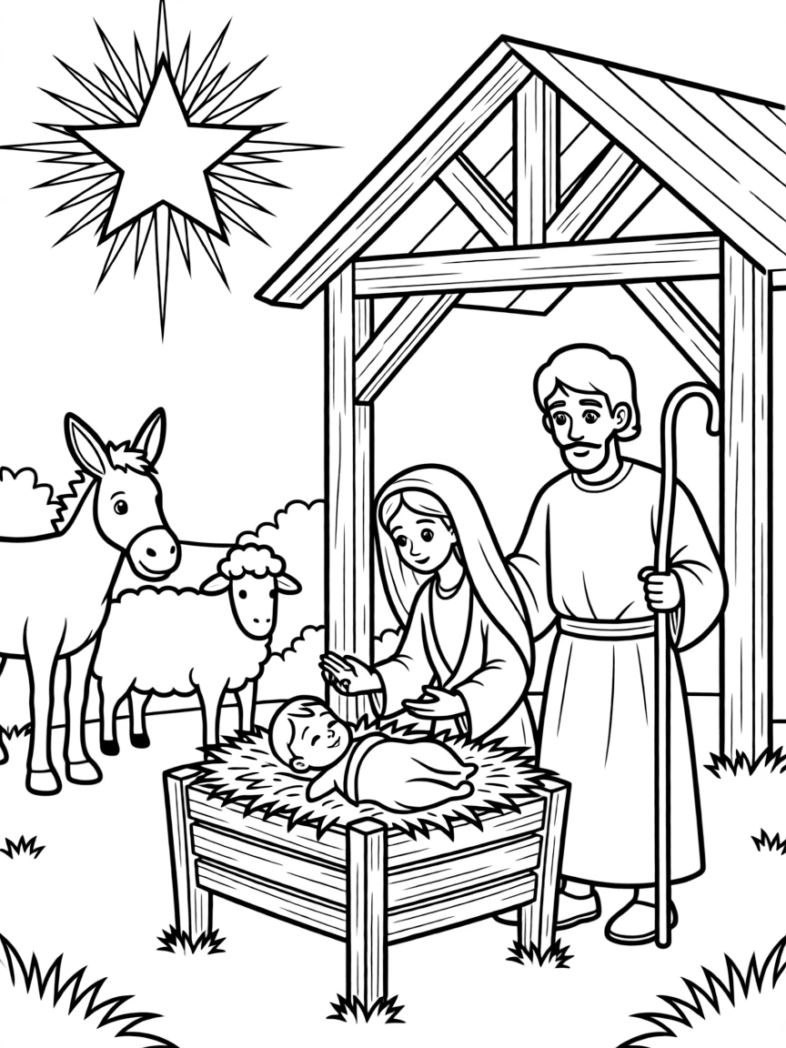 The Nativity scene with baby Jesus in the manger, illustrated with simple outlines and friendly characters for a children's coloring page.