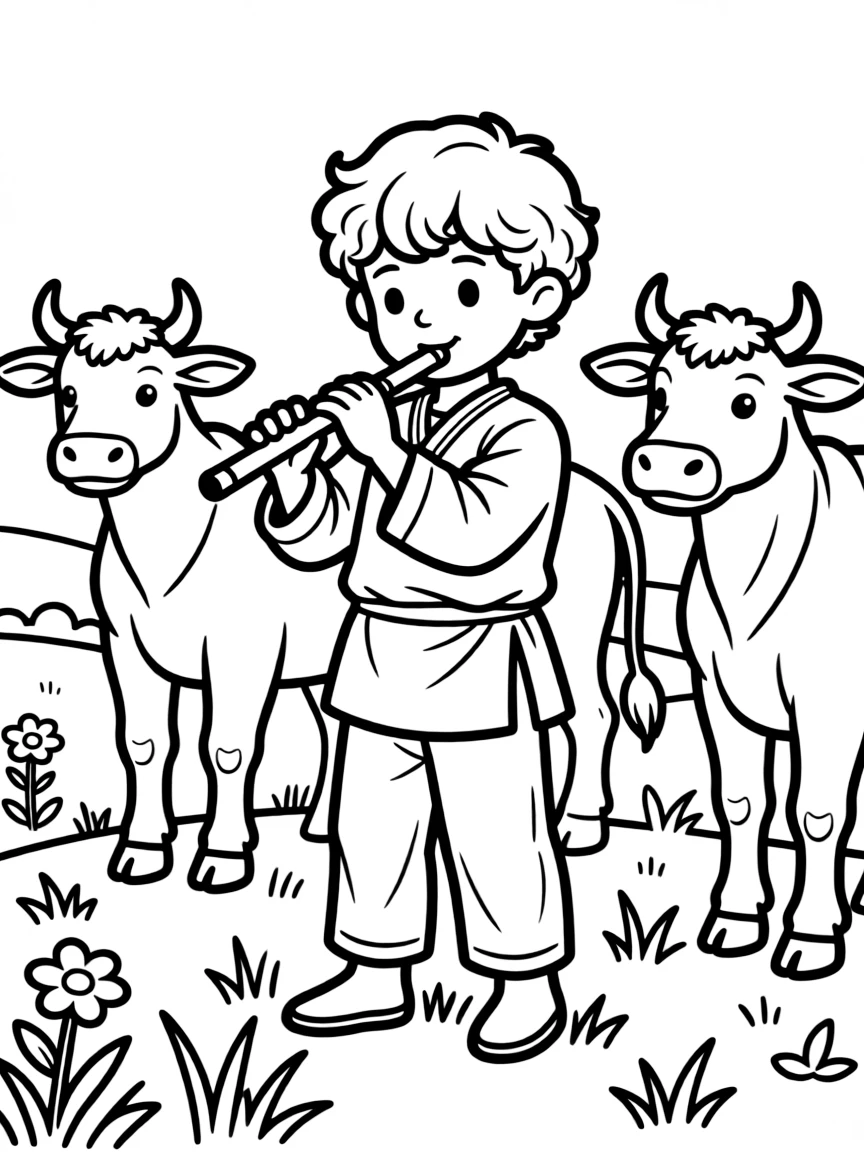 Krishna playing the flute with cows around, illustrated with simple outlines and friendly characters for a children's coloring page.