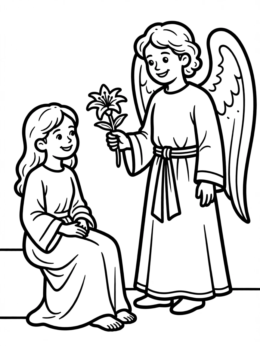 The angel Gabriel appearing to Mary, illustrated with simple outlines and friendly characters for a children's coloring page.
