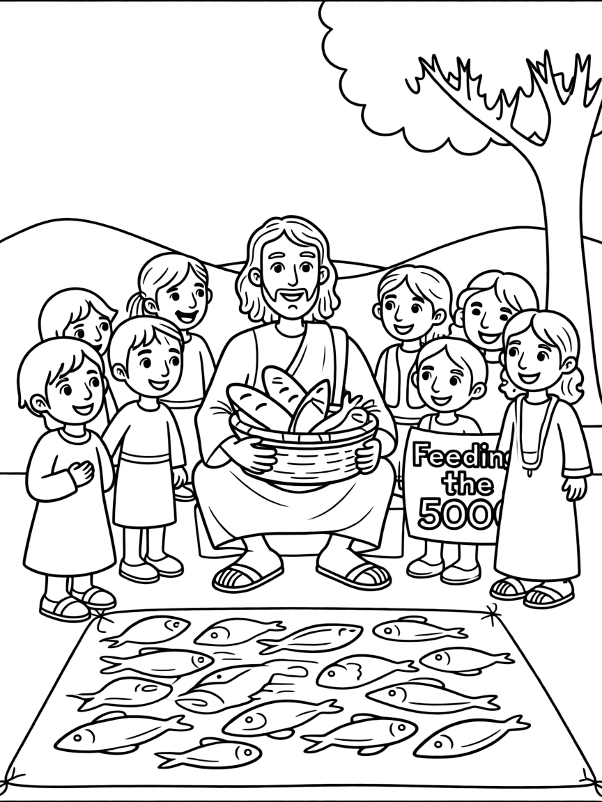 Jesus feeding the 5000 with fish and loaves, illustrated with simple outlines and friendly characters for a children's coloring page.