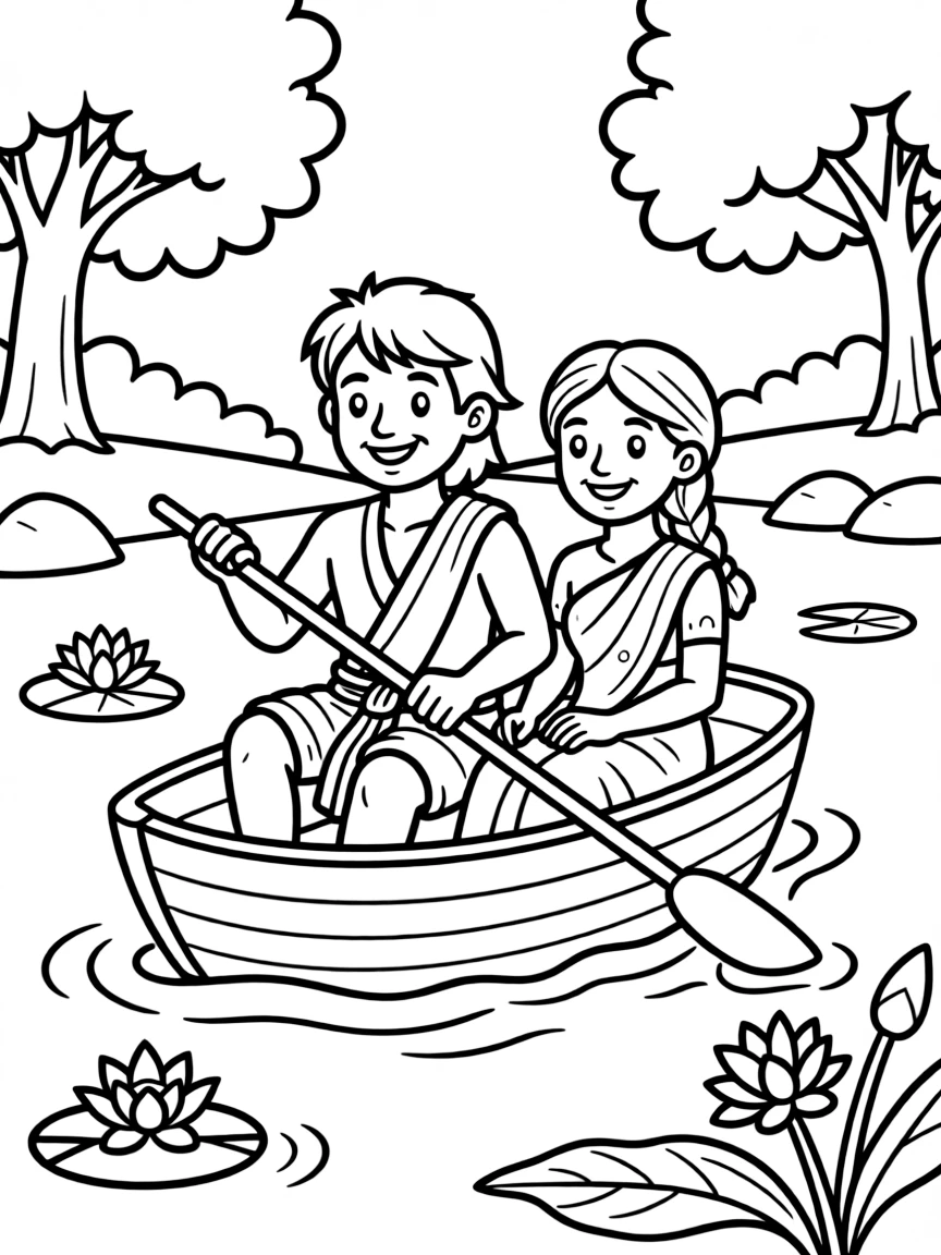 The story of Rama and Sita crossing the river, illustrated with simple outlines and friendly characters for a children's coloring page.