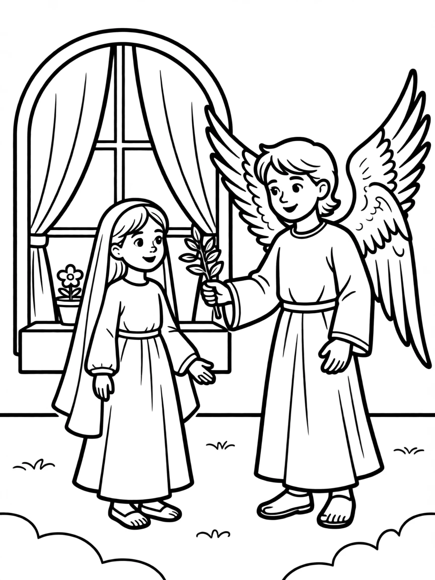 The angel Gabriel appearing to Mary, illustrated with simple outlines and friendly characters for a children's coloring page.