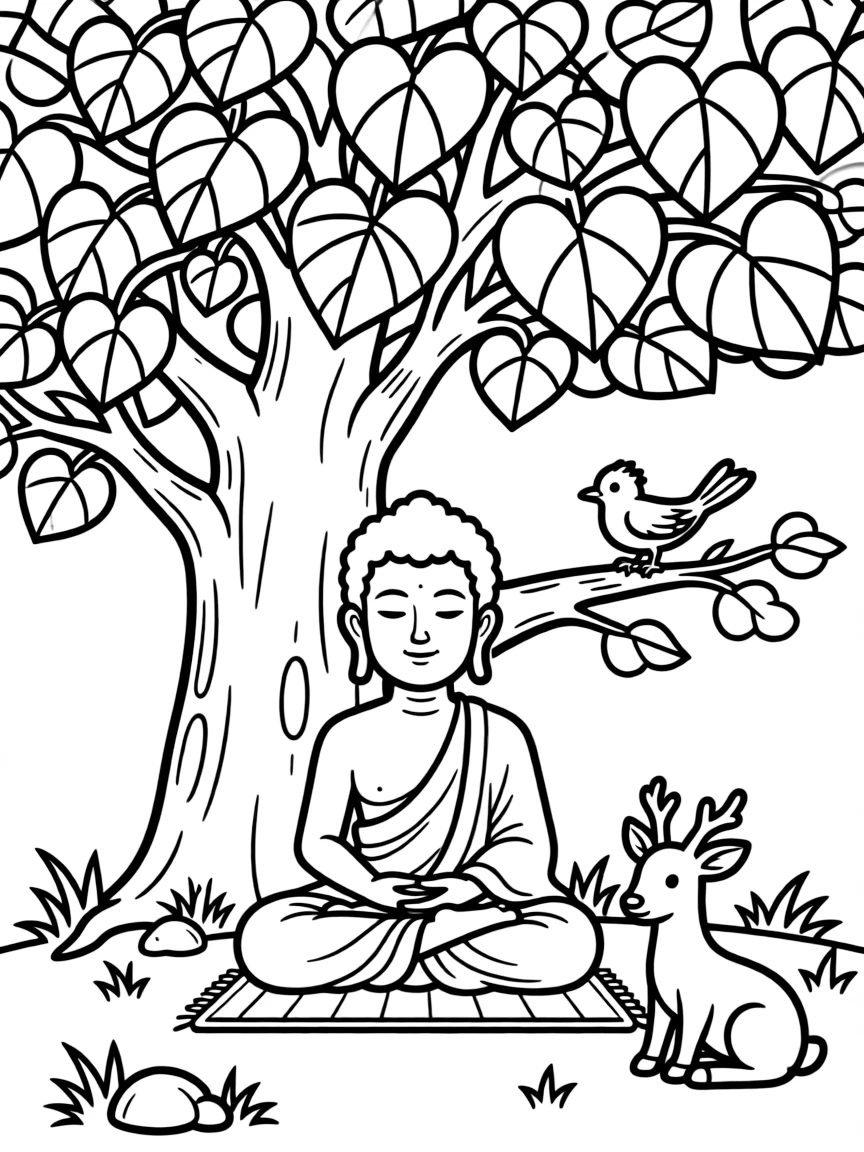 The Buddha meditating under the Bodhi tree, illustrated with simple outlines and friendly characters for a children's coloring page.