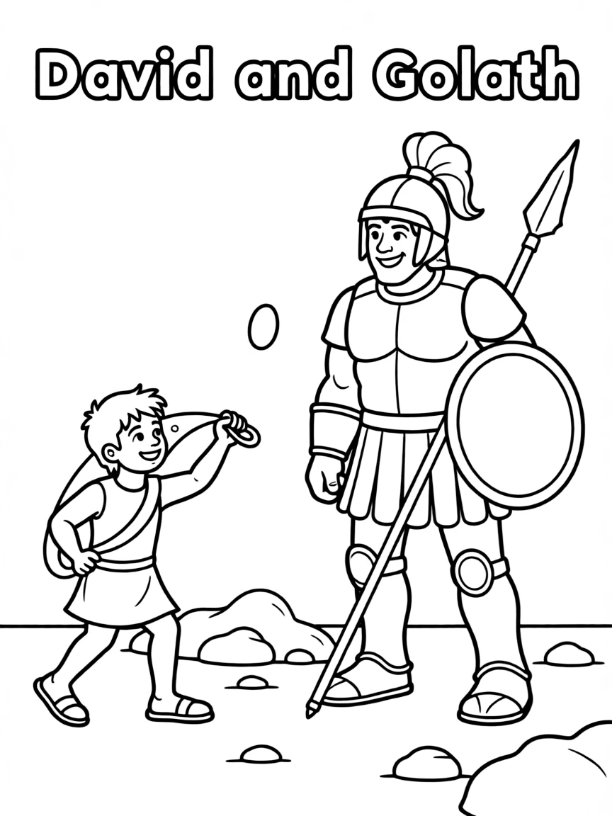 David and Goliath battle scene, illustrated with simple outlines and friendly characters for a children's coloring page.