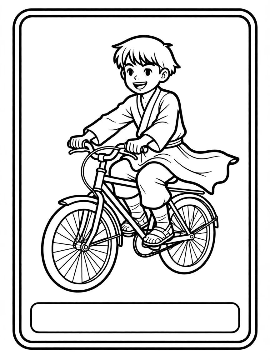 Avatar: The Last Airbender riding a bicycle, inside a comic book frame.