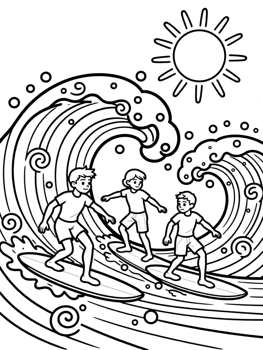 X-Men surfing on waves, with playful patterns around.