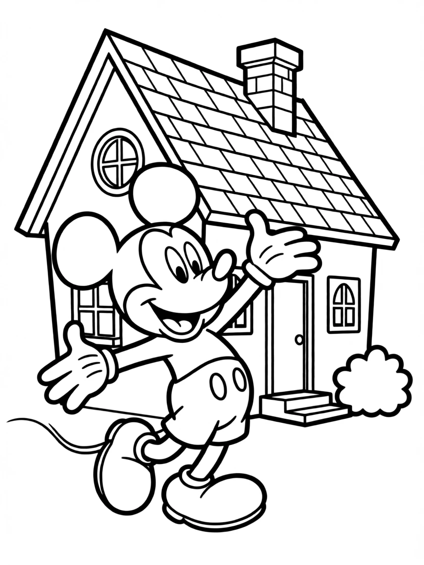 Mickey Mouse jumping with joy, in front of their famous house or scene.