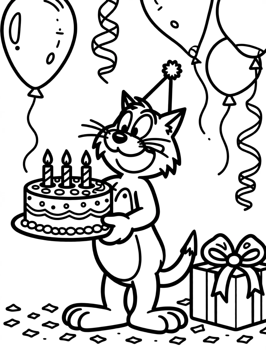 Sylvester celebrating a birthday, with fun background elements.