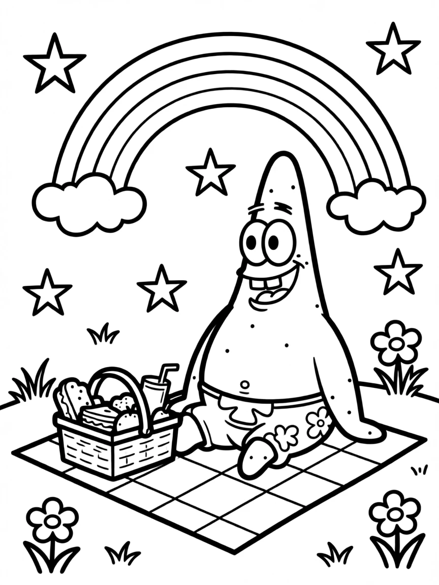 Patrick Star having a picnic, with stars and rainbows in the background.