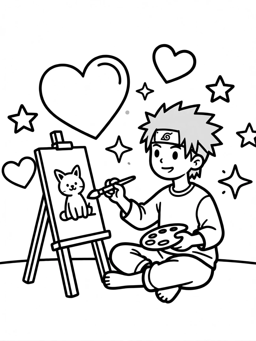 Kakashi painting a picture, with hearts and sparkles around.