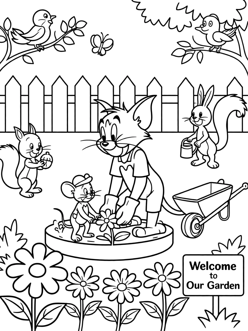 Tom and Jerry gardening, surrounded by friendly animals.