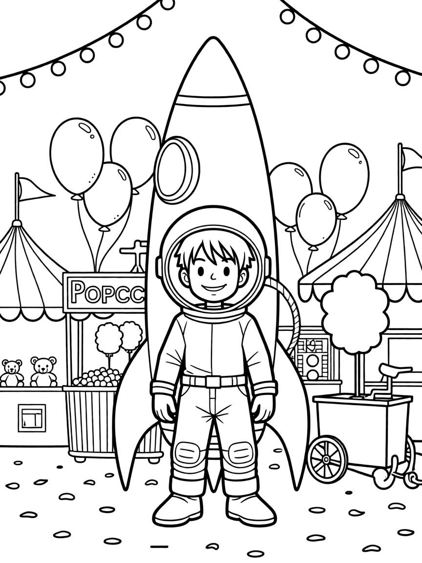 Usopp exploring space in a rocket, at a carnival with colorful decorations.