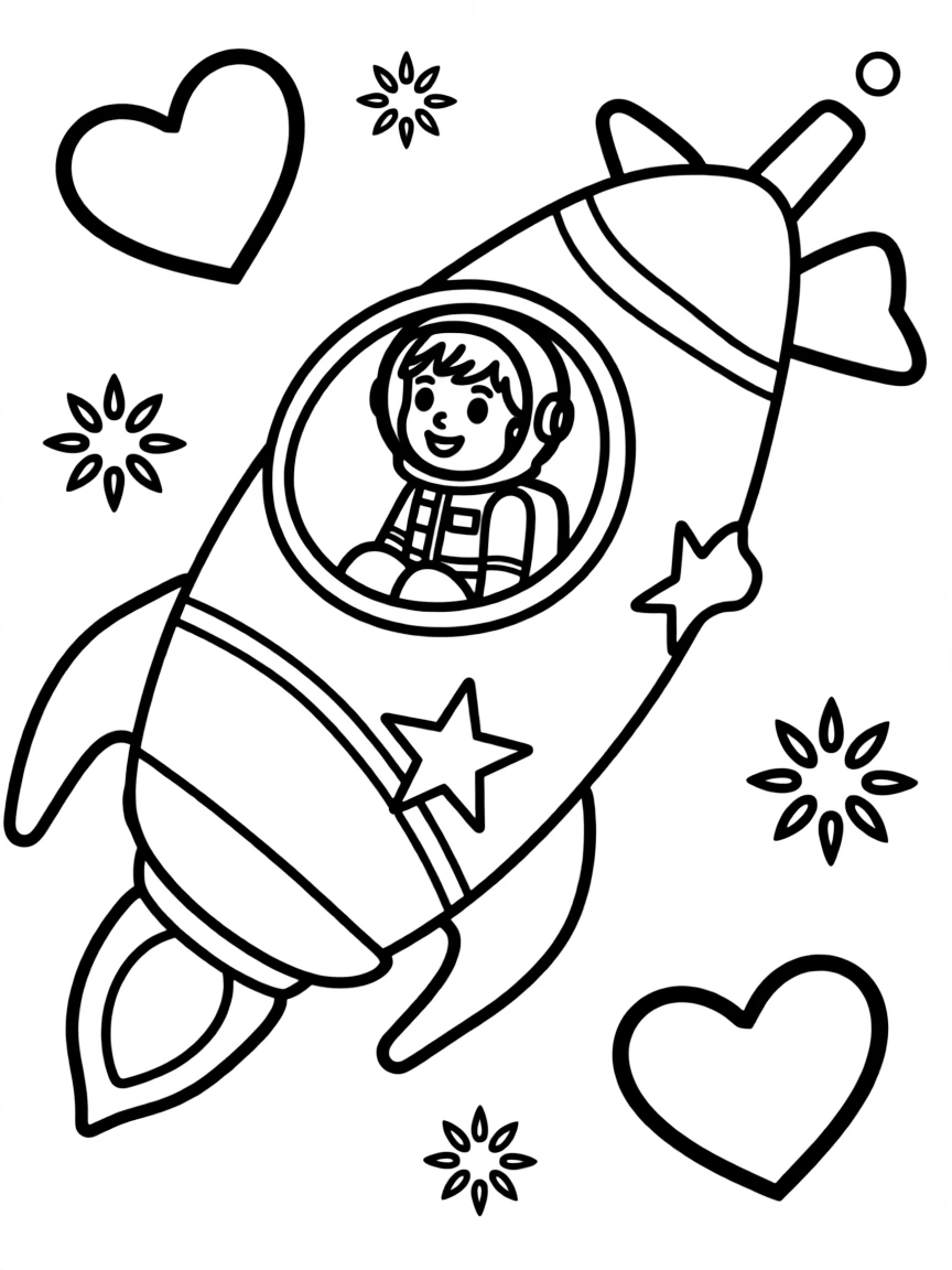 Arthur exploring space in a rocket, with hearts and sparkles around.