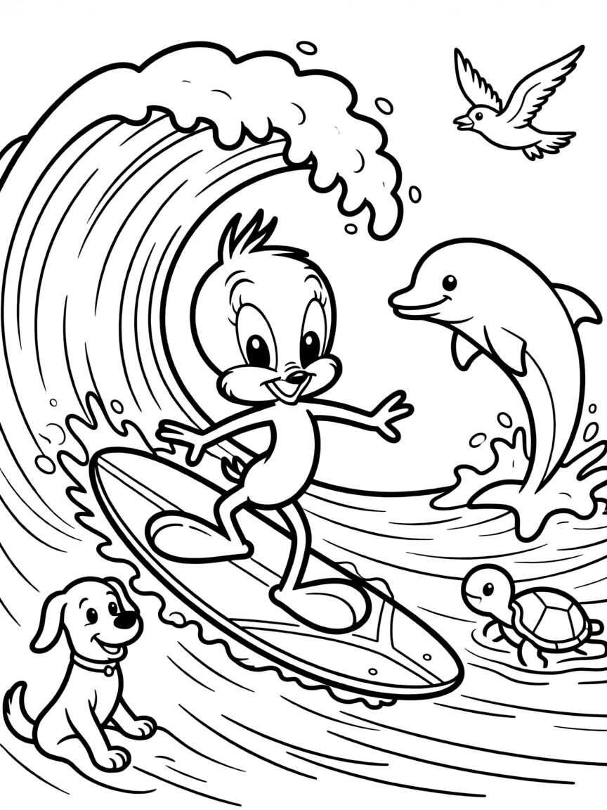 Tweety Bird surfing on waves, surrounded by friendly animals.