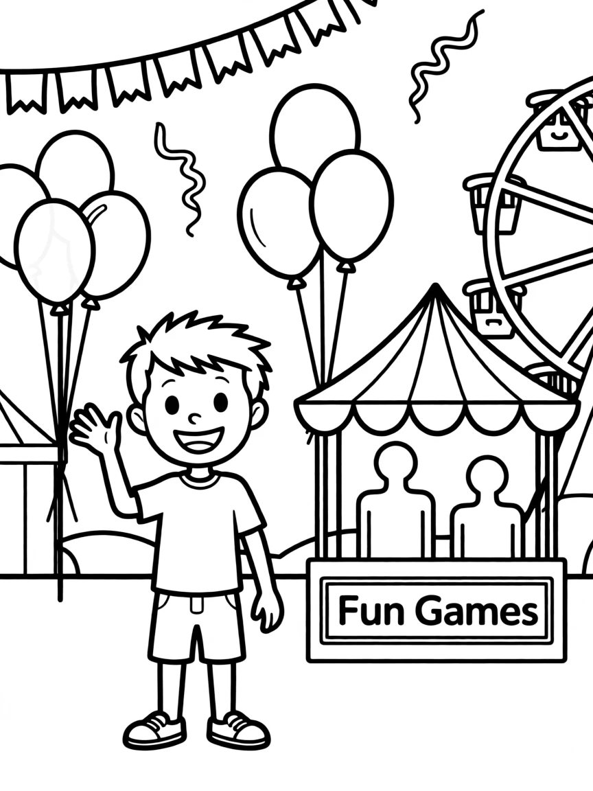 Fred waving hello, at a carnival with colorful decorations.