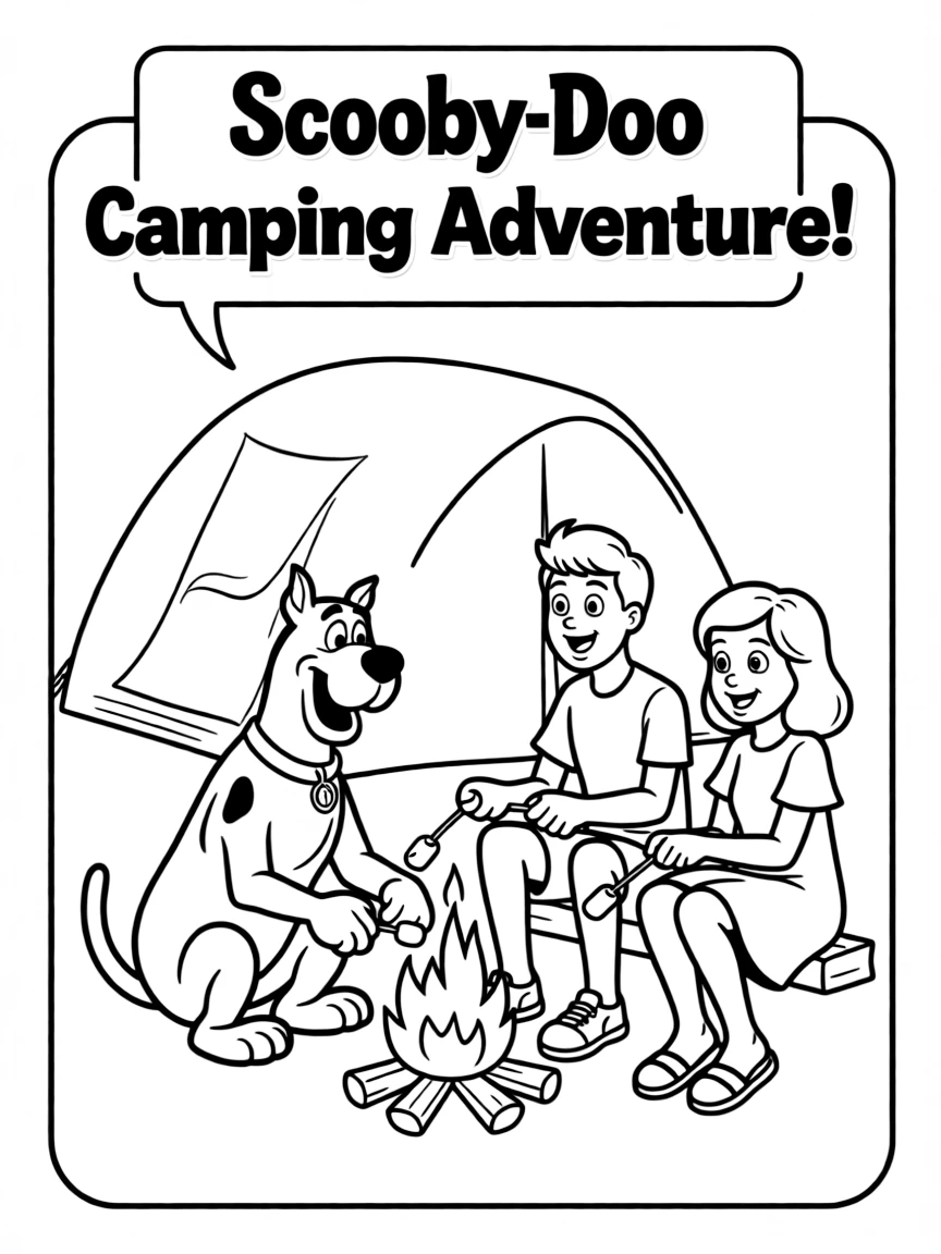 Scooby-Doo camping with friends, inside a comic book frame.