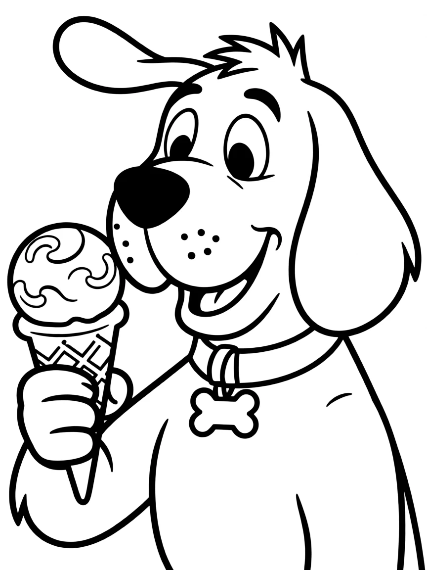 Clifford the Big Red Dog enjoying an ice cream cone, with big bold outlines for easy coloring.