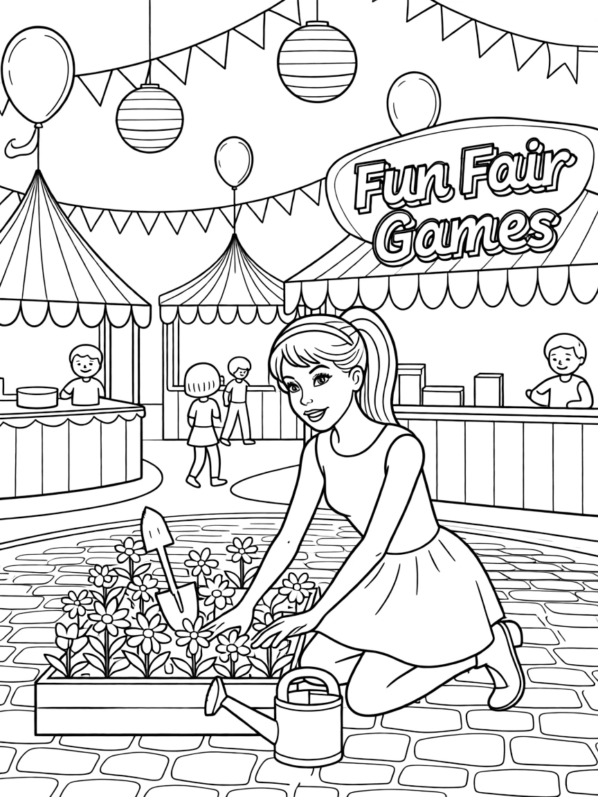Barbie gardening, at a carnival with colorful decorations.