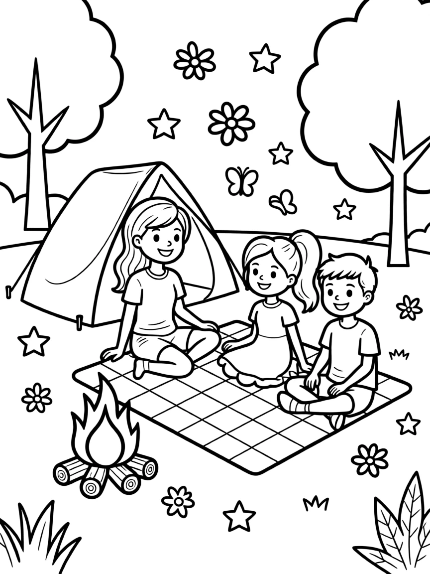 Barbie camping with friends, with playful patterns around.